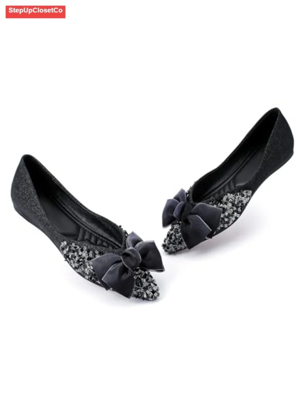 Satin Pointed Toe Flats Rhinestone Bow Memory Foam